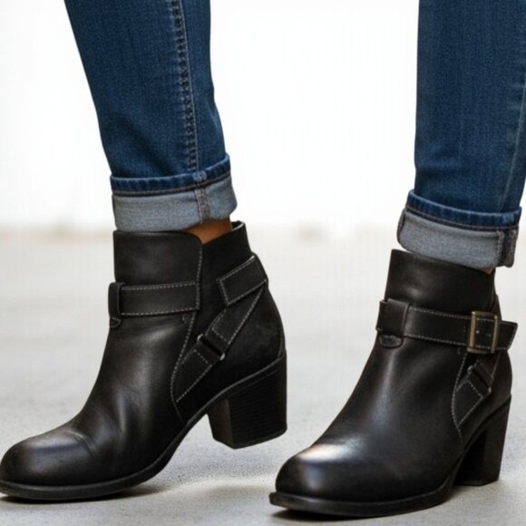 BØC BOC Born Womens Shea Ankle Boot Black Leather Block Heel Z35603 Size 7 M - Picture 1 of 14